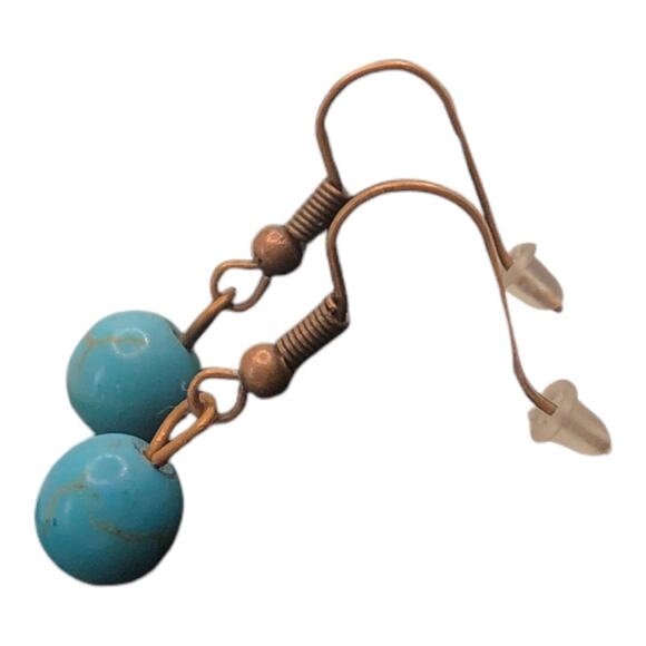 Retro Single Turquoise Bead Rose Gold Leather Lightweight Dangle Earrings - Picture 5 of 9